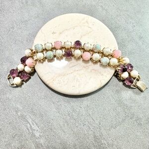 Vintage Unsigned? Ciner Multi-Color Pastel Glass And Pearl Cabochon  Bracelet